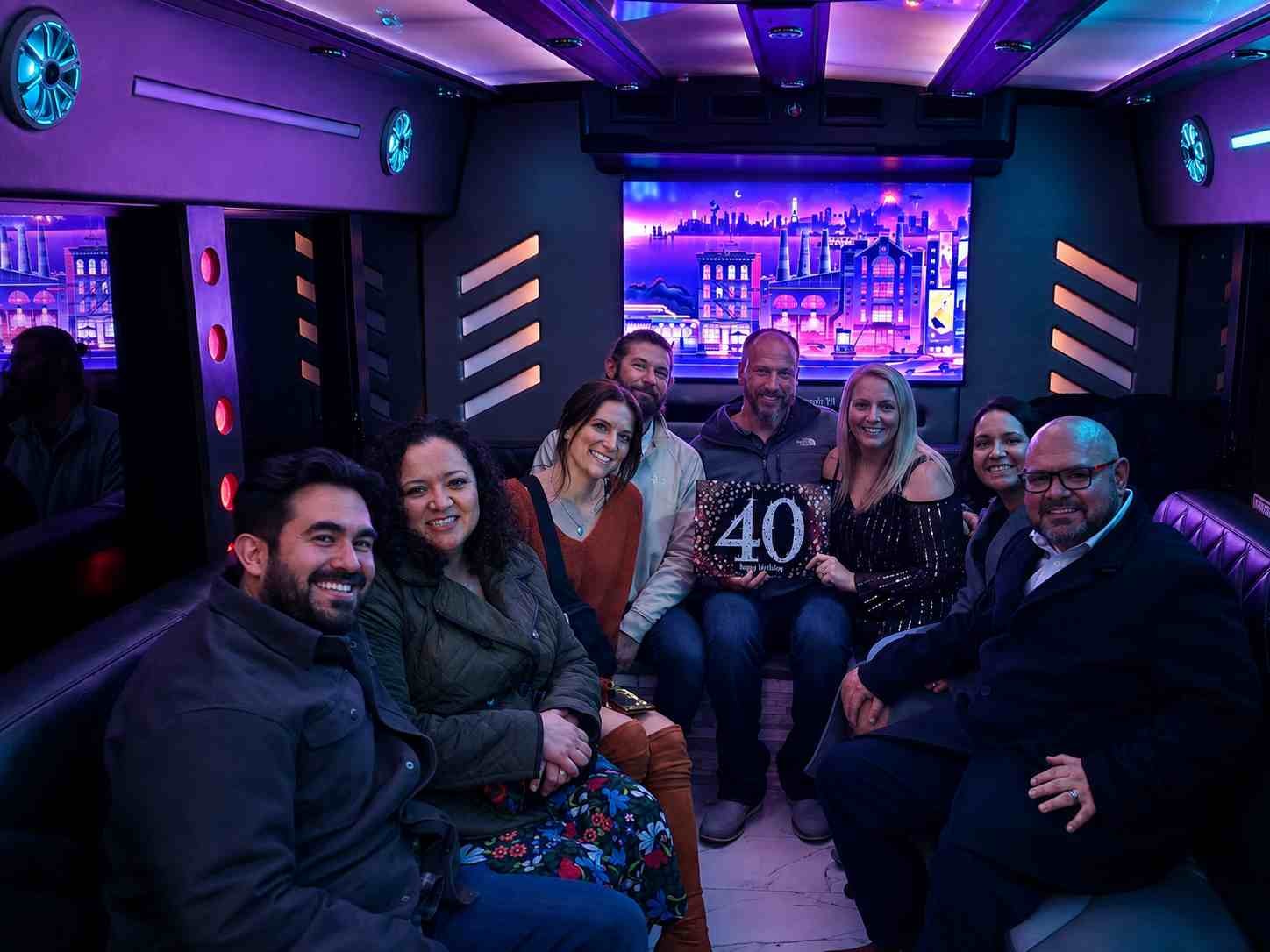 Luxury party bus interior with LED lighting — available for San Antonio TX rentals